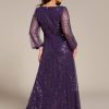 Women's A-Line V Neck Sheer Long Sleeves Plus Size Sequin Formal Dress 01999-DA
