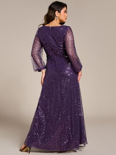 Women's A-Line V Neck Sheer Long Sleeves Plus Size Sequin Formal Dress 01999-DA