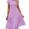 Women Summer Ruffle Cap Sleeve Casual Dress Smocked Bodice Maxi Dress with Pockets S E05 W Purple
