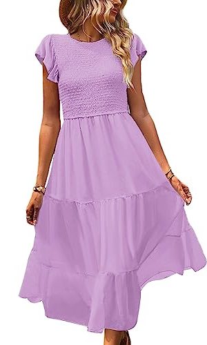 Women Summer Ruffle Cap Sleeve Casual Dress Smocked Bodice Maxi Dress with Pockets S E05 W Purple