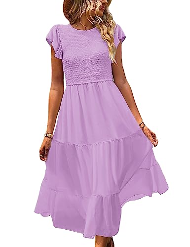 Women Summer Ruffle Cap Sleeve Casual Dress Smocked Bodice Maxi Dress with Pockets S E05 W Purple