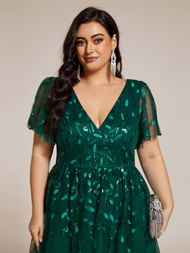 Women's V Neck Short Sleeves Embroidery Empire Waist Sequin Plus Size Midi Cocktail Wedding Guest Dresses 2230-DA