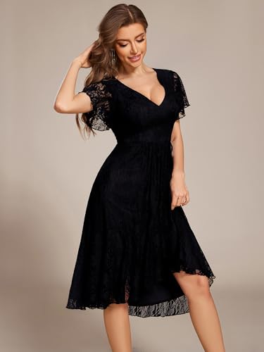 Women's V Neck Short Sleeves Lace A Line Hi-Lo Midi Semi Formal Dress 02489