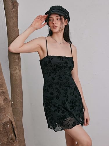 Women's Summer Mini Dress Floral Dresses Sleeveless Lace Mesh Square Neck Spaghetti Strap Short Party Dresses