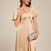 Women's V Neck Satin Short Sleeves Ruffle Hi-Lo Midi Bridesmaid Dress 02336
