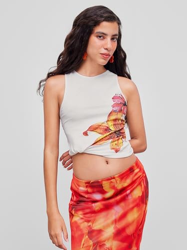 Tank Top for Women Trendy Crew Neck Sleeveless Floral Graphic Cotton Blend Knit Regular Fit