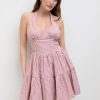 Women's Halter Mini Dress for Summer Striped Sleeveless Shirred Ruffle Dress Sexy Cute Vacation Outfits