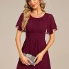 Women's Chiffon Crew Neck Pleated Waist Short Sleeve Wedding Guest Dress 02053