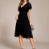 Women's V Neck Short Sleeves Lace A Line Hi-Lo Midi Semi Formal Dress 02489
