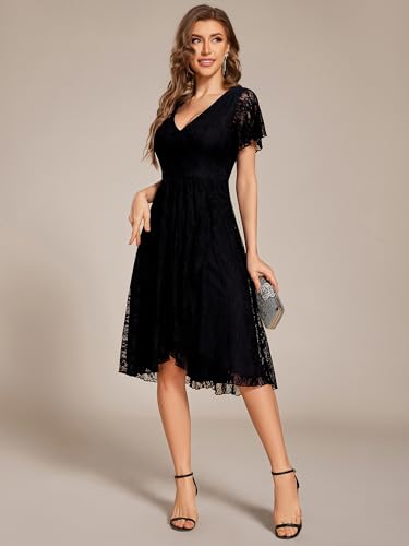 Women's V Neck Short Sleeves Lace A Line Hi-Lo Midi Semi Formal Dress 02489
