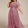 Women's V Neck Embroidered Sequin A Line Ruffles Sleeves Plus Size Evening Dresses Ball Gowns 02314-DA