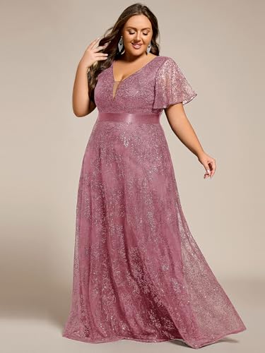 Women's V Neck Embroidered Sequin A Line Ruffles Sleeves Plus Size Evening Dresses Ball Gowns 02314-DA