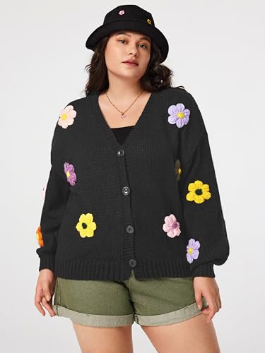 Women’s Floral Cropped Cardigan Cute Flower V Neck Button Down Trendy Sweater