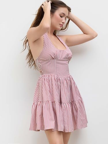 Women's Halter Mini Dress for Summer Striped Sleeveless Shirred Ruffle Dress Sexy Cute Vacation Outfits