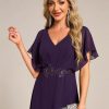 Women's Formal Dress A Line V Neck Applique Waist Tea Length Wedding Guest Dress 02027