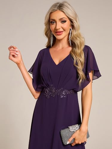 Women's Formal Dress A Line V Neck Applique Waist Tea Length Wedding Guest Dress 02027