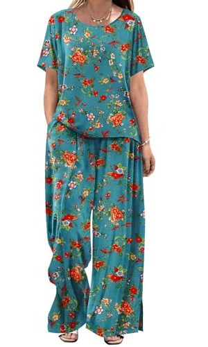 Women's Two Piece Outfits Summer Casual Floral Short Sleeve Slit Wide Leg Pants Set Vacation Airport Clothes CS1