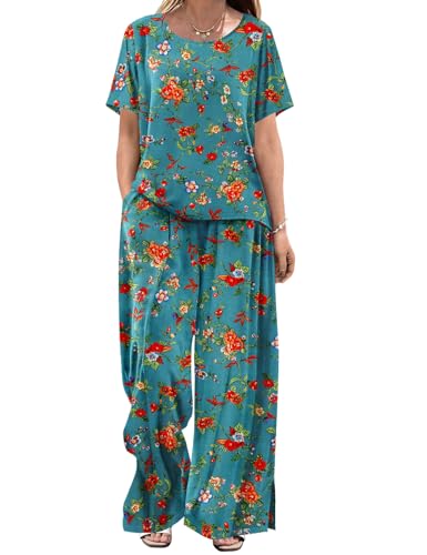 Women's Two Piece Outfits Summer Casual Floral Short Sleeve Slit Wide Leg Pants Set Vacation Airport Clothes CS1