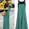 Women Casual Loose Long Bib Pants Wide Leg Jumpsuits Baggy Cotton Rompers Overalls with Pockets 3XL PZZTYP2 Teal