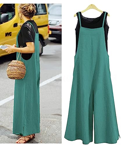 Women Casual Loose Long Bib Pants Wide Leg Jumpsuits Baggy Cotton Rompers Overalls with Pockets 3XL PZZTYP2 Teal
