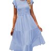 Women Summer Ruffle Cap Sleeve Casual Dress Smocked Bodice Maxi Dress with Pockets 2XL E05 W Light Blue