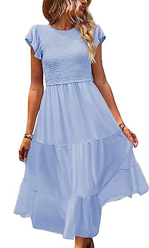 Women Summer Ruffle Cap Sleeve Casual Dress Smocked Bodice Maxi Dress with Pockets 2XL E05 W Light Blue