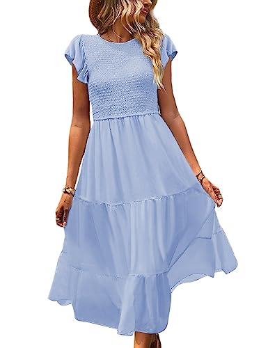 Women Summer Ruffle Cap Sleeve Casual Dress Smocked Bodice Maxi Dress with Pockets 2XL E05 W Light Blue