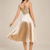 Women's Satin Sequin Appliques A Line Midi Length Wedding Guest Dress with Pockets 02341