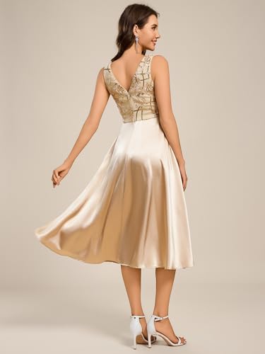 Women's Satin Sequin Appliques A Line Midi Length Wedding Guest Dress with Pockets 02341