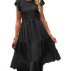 Women Summer Ruffle Cap Sleeve Casual Dress Smocked Bodice Maxi Dress with Pockets M E05 W Black