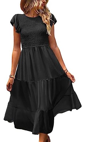 Women Summer Ruffle Cap Sleeve Casual Dress Smocked Bodice Maxi Dress with Pockets M E05 W Black