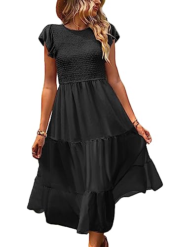 Women Summer Ruffle Cap Sleeve Casual Dress Smocked Bodice Maxi Dress with Pockets M E05 W Black