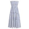 Womens Casual Dresses Strapless Tube Stripped Shirred A Line Blue Beach Vacation Midi Dress Maxi Skirts