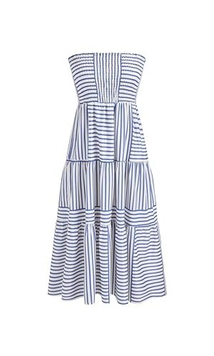 Womens Casual Dresses Strapless Tube Stripped Shirred A Line Blue Beach Vacation Midi Dress Maxi Skirts