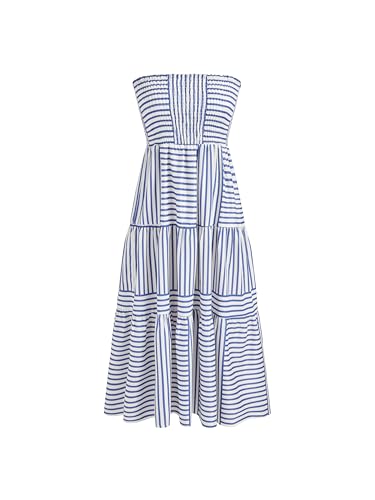 Womens Casual Dresses Strapless Tube Stripped Shirred A Line Blue Beach Vacation Midi Dress Maxi Skirts