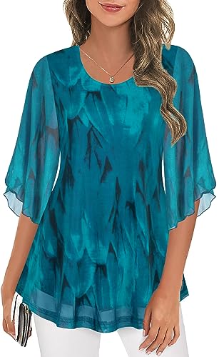 Women's Tops 3/4 Sleeve Blouses Dressy Casual Double Layers Mesh Tunic Shirts
