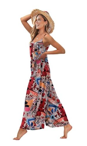 Casual Wide Leg Jumpsuits for Women Boho Floral Pleated Wide Leg Overalls Rompers Vacation Outfits with Pockets PIA