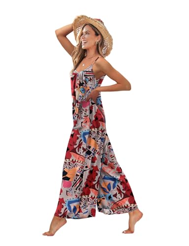 Casual Wide Leg Jumpsuits for Women Boho Floral Pleated Wide Leg Overalls Rompers Vacation Outfits with Pockets PIA