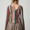 Striped Long Sleeve Shirts for Women Bell Sleeve Tops Crew Neck Color Block Trendy Casual Tops