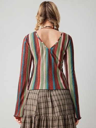 Striped Long Sleeve Shirts for Women Bell Sleeve Tops Crew Neck Color Block Trendy Casual Tops