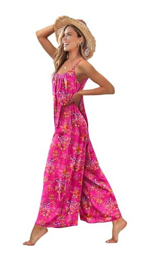 Casual Wide Leg Jumpsuits for Women Boho Floral Pleated Wide Leg Overalls Rompers Vacation Outfits with Pockets PIA