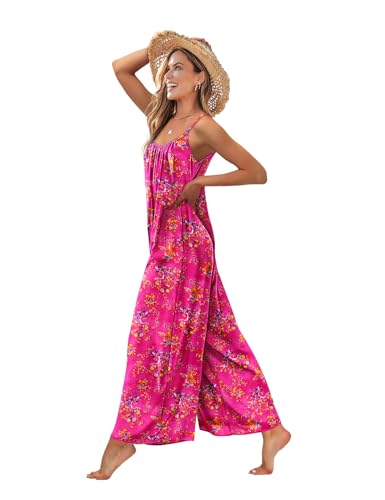 Casual Wide Leg Jumpsuits for Women Boho Floral Pleated Wide Leg Overalls Rompers Vacation Outfits with Pockets PIA