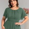 Women's Summer Round Neck A Line Pleated Chiffon Short Sleeves Plus Size Formal Gowns Bridesmaid Dresses