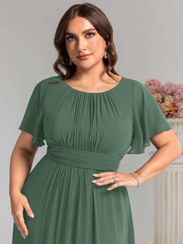 Women's Summer Round Neck A Line Pleated Chiffon Short Sleeves Plus Size Formal Gowns Bridesmaid Dresses
