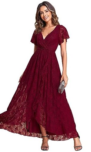 Women's Lace V Neck Ruffles Sleeves Pleated Empire Waist A-Line Maxi Formal Dresses 01489