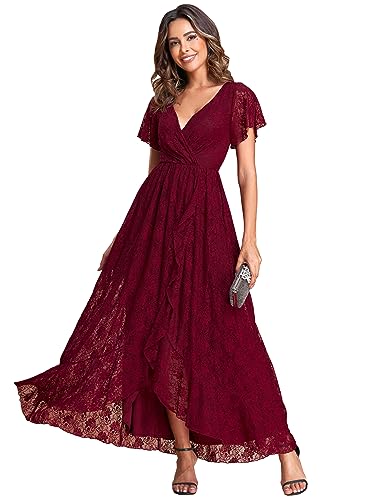 Women's Lace V Neck Ruffles Sleeves Pleated Empire Waist A-Line Maxi Formal Dresses 01489