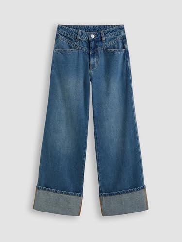 Women’s Baggy Jeans Straight Wide Leg High Waisted Fold Hem Denim Pants with Pockets