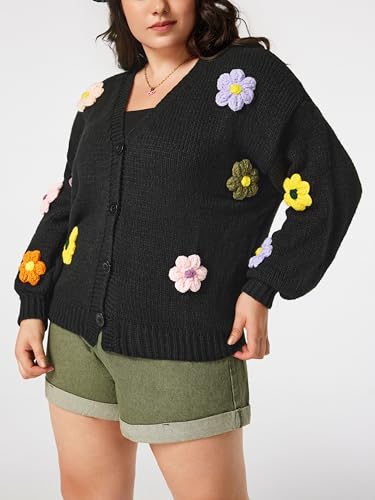 Women’s Floral Cropped Cardigan Cute Flower V Neck Button Down Trendy Sweater