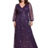 Women's A-Line V Neck Sheer Long Sleeves Plus Size Sequin Formal Dress 01999-DA