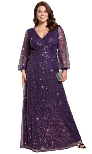 Women's A-Line V Neck Sheer Long Sleeves Plus Size Sequin Formal Dress 01999-DA